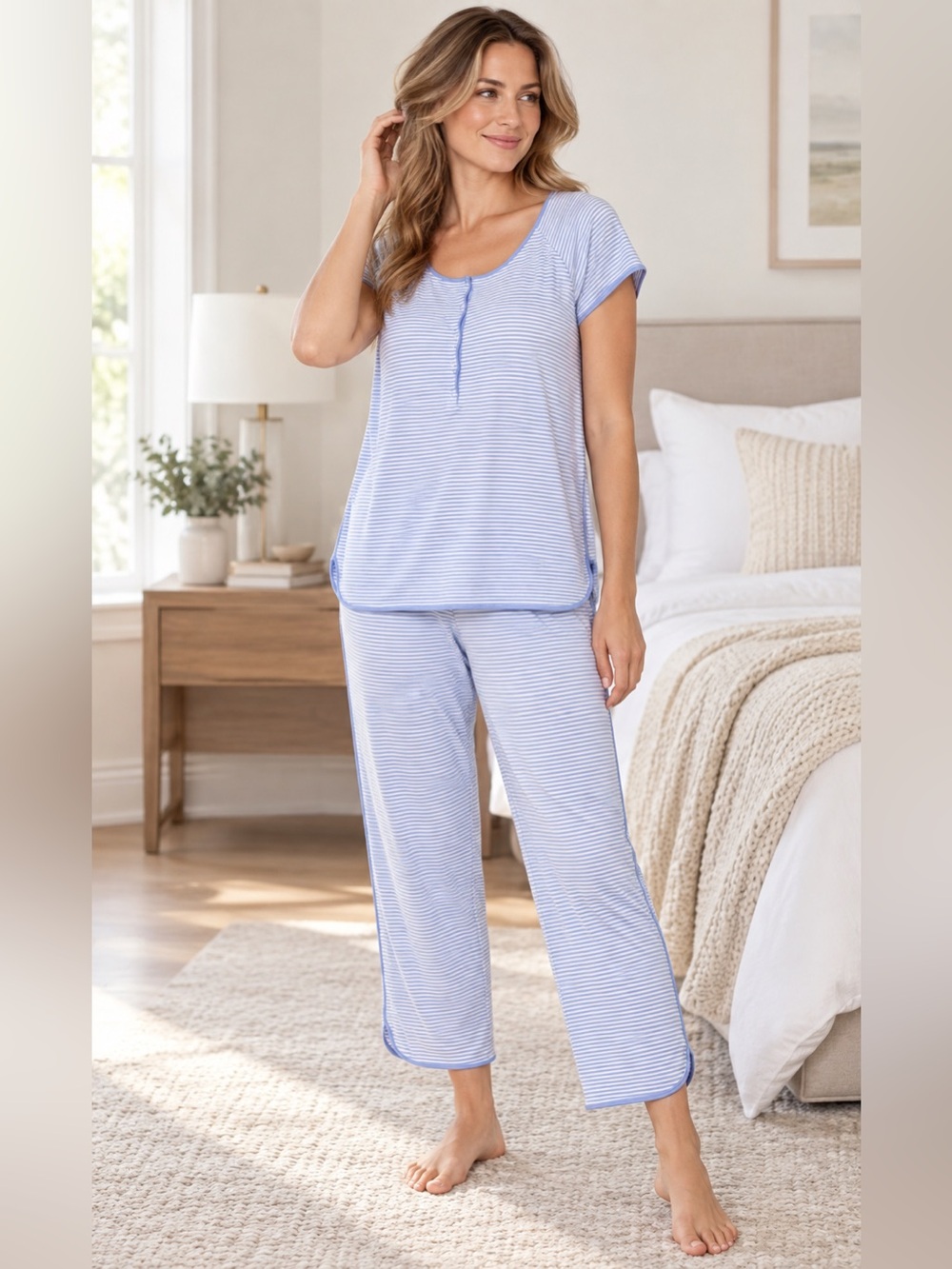 LAKE Pajamas S Blue White Stripe Pima Cotton Henley Top Pants 2 Piece Set